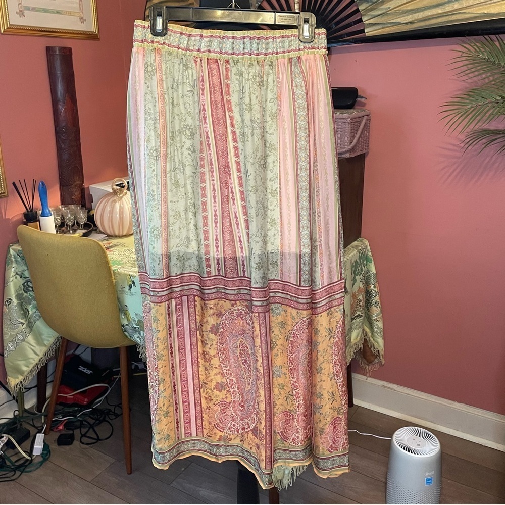Beautiful silk blend hale bob maxi skirt green pink and peach paisley small